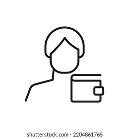 Hobby, business, profession of man. Modern vector outline symbol in flat style with black thin line. Monochrome icon of wallet by anonymous male 