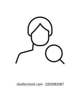 Hobby, business, profession of man. Modern vector outline symbol in flat style with black thin line. Monochrome icon of magnifying glass by anonymous male 
