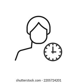Hobby, business, profession of man. Modern vector outline symbol in flat style with black thin line. Monochrome icon of clock by anonymous male 