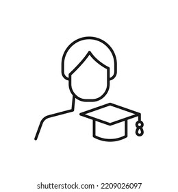 Hobby, business, profession of man. Modern vector outline symbol in flat style with black thin line. Monochrome icon of square academic cap by anonymous male 