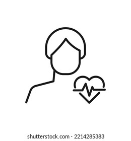 Hobby, business, profession of man. Modern vector outline symbol in flat style with black thin line. Monochrome icon of pulse on heart as sign of cardiogram by anonymous male