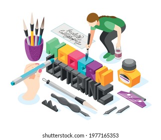 Hobby calligraphy isometric composition with colorful words and human hands holding writing instruments with ink pens vector illustration