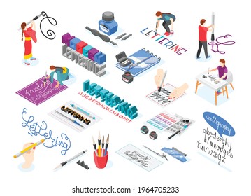 Hobby calligraphy isometric recolor set of isolated icons with ornate letters pens and editable text captions vector illustration