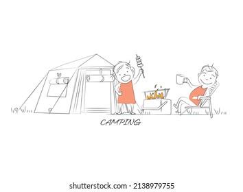 Hobby - Camping.
Doodle-Stil-Charakter. Eine Illustration von einfachen menschlichen Bewegungen und Emotionen. 