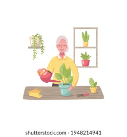 Hobby cartoon composition with female character of elderly woman caring for home plants vector illustration