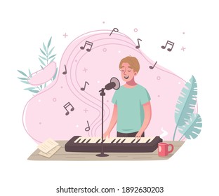 Hobby cartoon composition with young man singing while playing electronic piano organ keyboard with microphone vector illustration