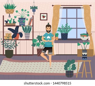 Hobby of character vector, man spending time at home practicing yoga poses. Interior of room, plants and flowers on shelves, persons pastime pleasure
