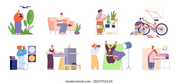 Hobby characters collection. Creative people, woman planting, singing and knitting. Man cooking cake, boy using flying drone utter vector scenes