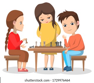 Hobby club children playing games chess with figures. Boys and girls isolated characters, childhood of personage, friendship of youth, back to school concept. Vector illustration in flat cartoon style