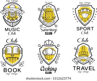 Hobby club logo design set, badges with heraldic shield, book, cooking, travel, sewing, music, sport club vector Illustrations on a white background