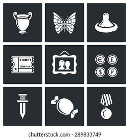 The hobby of collecting icons set. Vector Illustration.
Isolated Flat Icons collection on a black background for design