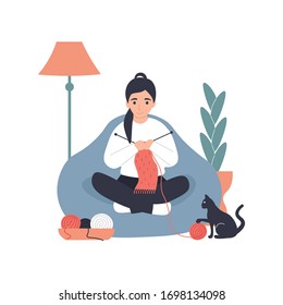 Hobby concept. Girl use knitting needles knits a scarf at home. Flat vector modern cartoon illustration.