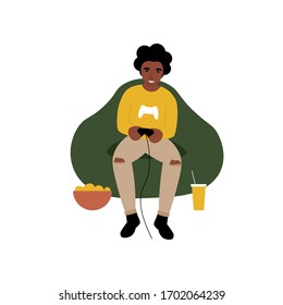 Hobby-Konzept. Guy spielt eine Spielkonsole. Flache Vektorillustration Cartoon moderne Illustration.