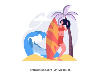 Hobby concept in modern flat design for web. Woman with surfboard doing extreme water sport at seaside resort, surfing and relaxing in favorite leisure and pastime activity. Vector illustration.