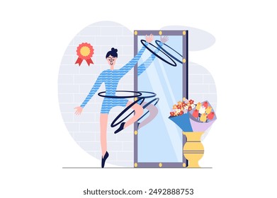Concepto de pasatiempo en diseño plano moderno para el Web. Mujer haciendo ejercicio con aros de plástico por espejo, haciendo entrenamiento de gimnasia en clase, preparándose para la competición para conseguir la medalla ganadora. Ilustración vectorial.