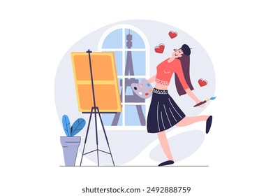 Hobby concept in modern flat design for web. Woman with paint palette and brush drawing artwork at easel canvas, learning art in painting class, creating picture at workshop. Vector illustration.