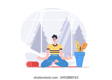 Concepto de pasatiempo en diseño plano moderno para el Web. Hombre sentado en lotus asana y meditando en clase de yoga, entrenando concentración, calma y equilibrio emocional en prácticas de espiritualidad. Ilustración vectorial.