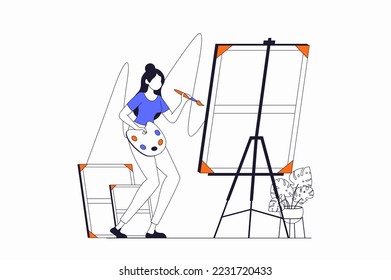 Hobby concept with people scene in flat outline design. Woman artist draws picture on easel, spends leisure time and studying in art studio. Vector illustration with line character situation for web