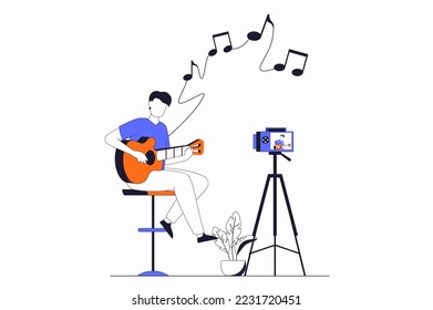 Hobby concept with people scene in flat outline design. Man musician playing guitar and recording video or live broadcast for his music blog. Vector illustration with line character situation for web