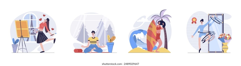Concepto de pasatiempo con escenas de personas ambientadas en Diseño web plano. Colección de la situación del personaje con el hombre y la mujer pintando arte, meditando, surfeando y haciendo entrenamiento de gimnasia. Ilustraciones vectoriales.