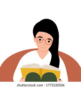 Hobby concept. Woman sitting on an armchair and reading a book. Flat vector cartoon modern illustration.