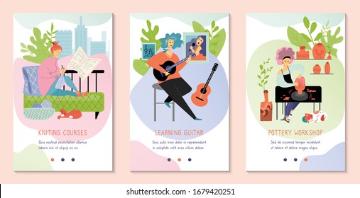 Hobby courses and workshops, people learning pottery, knitting and playing guitar, vector illustration. Creative woman cartoon character, set of banners for mobile app with online class lessons