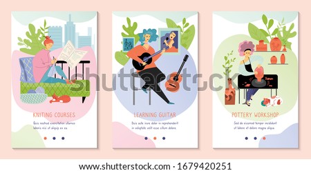 Hobby courses and workshops, people learning pottery, knitting and playing guitar, vector illustration. Creative woman cartoon character, set of banners for mobile app with online class lessons