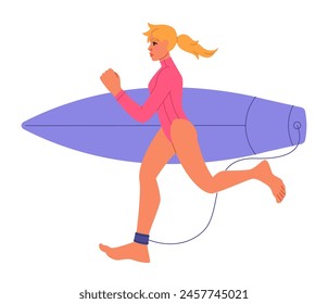 Hobby and craft. Surfing sport. Woman in swimsuit carrying surfboard. Extreme active leisure. Tropical ocean beach. Summer vacation. Surf athlete. Sea coast. Summertime travel. Vector young surfer