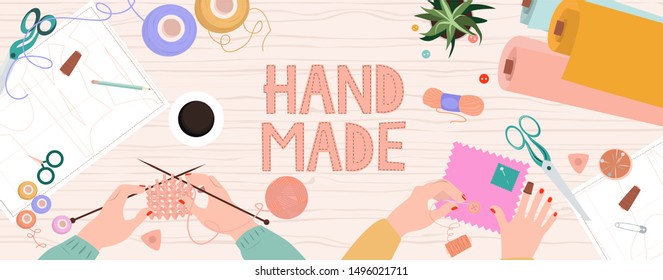 Hobby and crafts concept. Top view on the work process, people's hands embroider and knit products, Work in the studio. Editable vector illustration.