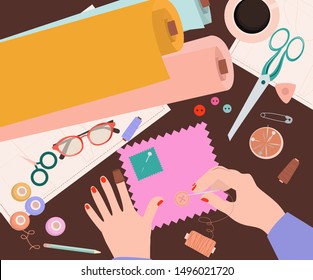 Hobby and crafts concept. Top view on the work process, people's hands embroider products, Work in the studio. Editable vector illustration.