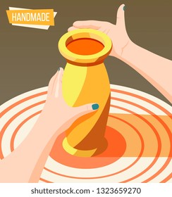 Hobby crafts isometric background with female hands making clay jug 3d vector illustration
