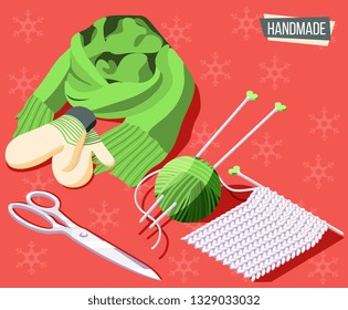 Hobby crafts isometric background with knitting tools and handmade scarf and mittens 3d vector illustration