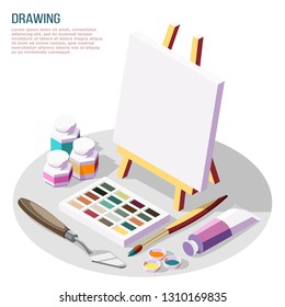 Hobby crafts isometric composition with various accessories for drawing and painting on white background 3d vector illustration