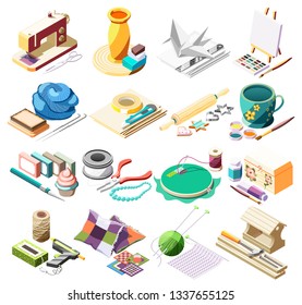 Hobby crafts isometric icons set with tools for sewing pottery painting cooking origami patchwork 3d isolated vector illustration