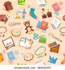 Hobby and creation flat pattern with handicraft elements and supplies for handmade background vector illustration   