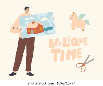 Hobby, Creative Activity Concept. Male Character Presenting Appliques with Winter House or Unicorn. Man Cut Colored Paper or Fabric Make Composition for Home Decor or Gift. Linear Vector Illustration