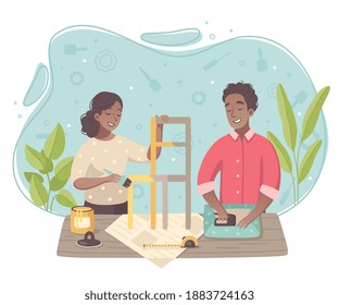 Hobby creative pastime activities flat cartoon composition with young couple making their own furniture vector composition