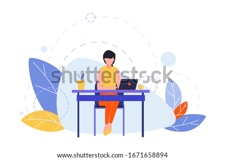 Hobby, creative profession, writing, freelance concept. Illustration of businesswoman, girl writer or freelancer at table with laptop. Art image of different people creative occupation. Flat vector