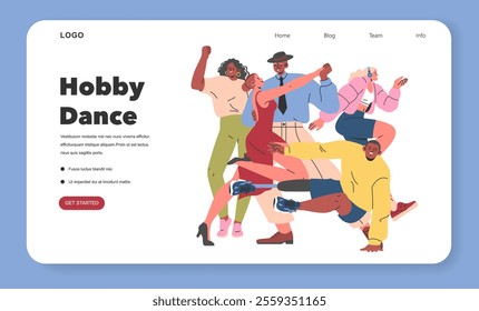 Hobby Dance concept. Diverse group of joyful people dancing together, enjoying the rhythm and movement. Expressive and dynamic leisure activity. Vector illustration.