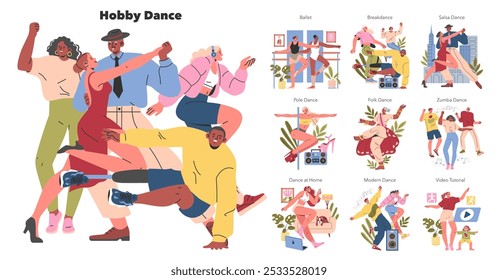 Hobby Dance set. Diversos estilos de dança apresentados por personagens alegres. Balé, breakdance, salsa, pole, folk, zumba, dança moderna e prática em casa. Ilustração vetorial.