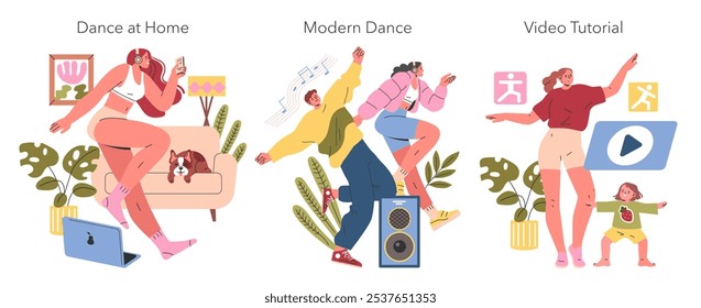 Hobby Dance set. Featuring individuals enjoying dance at home, performing modern dance, and following a video tutorial. Expressing joy in movement. Vector illustration.