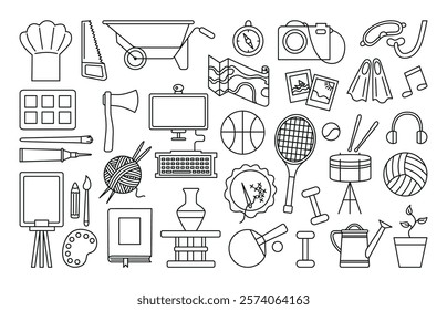 Hobby doodle symbols. Leisure and free time equipment. Sport knitting drawing gardening programming clay molding embroidery, neoteric vector set