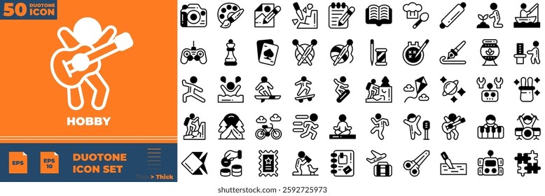 Hobby Duotone Editable Icons set. Vector illustration in modern thin duotone style of hobby icons: painting, photography, acting, traveling, hiking, etc