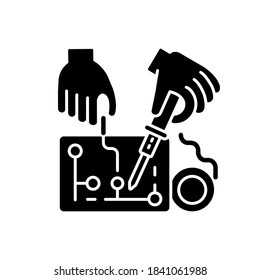 Hobby electronics black glyph icon. Work on engineering project. Circuit in hardware. Handyman fix motherboard. Assemble technology. Silhouette symbol on white space. Vector isolated illustration