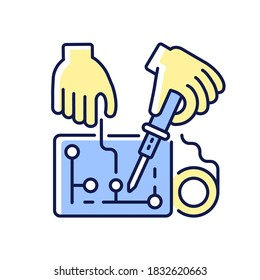 Hobby electronics RGB color icon. Work on engineering project. Circuit in hardware. Technician repair analog controller. Handyman fix motherboard. Assemble technology. Isolated vector illustration