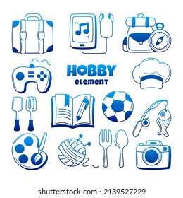 Hobby Element Set with hand drawn outline doodle style