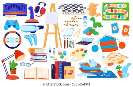 Hobby elements vector illustration set. Cartoon flat arts and crafts supplies for needlework knitting, drawing, reading books, playing video or board games tools for hobbyist artist isolated on white