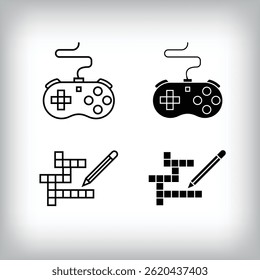 Hobby entertainment design with console game and word find. Simple linear and flat activity icon set.