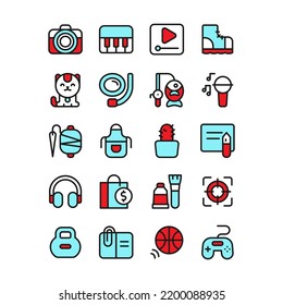 Hobby and entertainment icon set vector. Leisure weekend activity filled outline sign, flat line symbol collection. Photo, music, hiking, diving, fishing, embroidery, cooking, planting, and gaming.