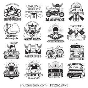 Hobby, Entertainment And Leisure Vector Icons. Snowboarding Sport And Drone, Motorbike And Scuba Diving, Hookah And Vape Shop, Roller Skates And Tattoo Salon, Gyro Scooter And Bicycle, Mobile Service